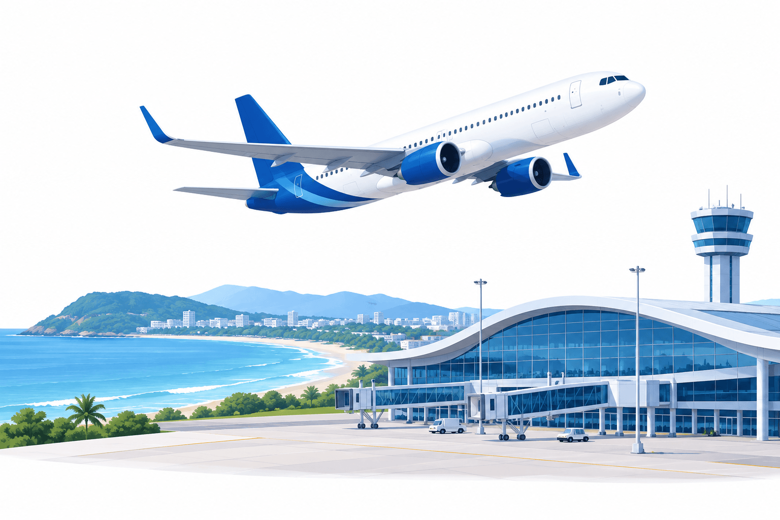Illustration of Akasa Air flights represented by a passenger aircraft near a coastal airport terminal