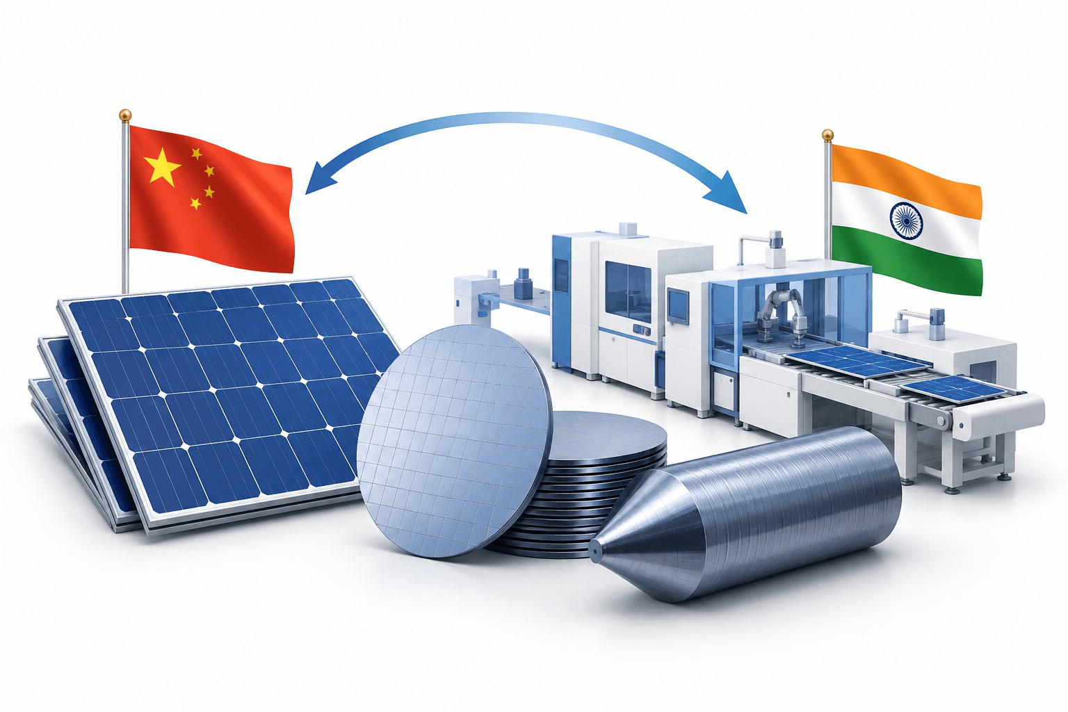 Illustration of solar manufacturing equipment and silicon wafers representing China solar export controls