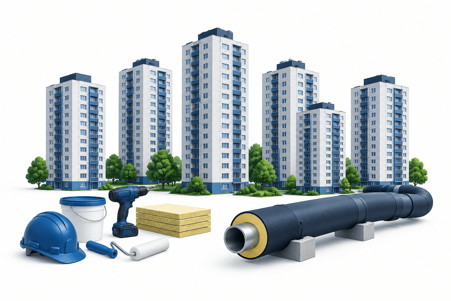 Illustration of residential towers and renovation tools representing the World's End refurbishment.