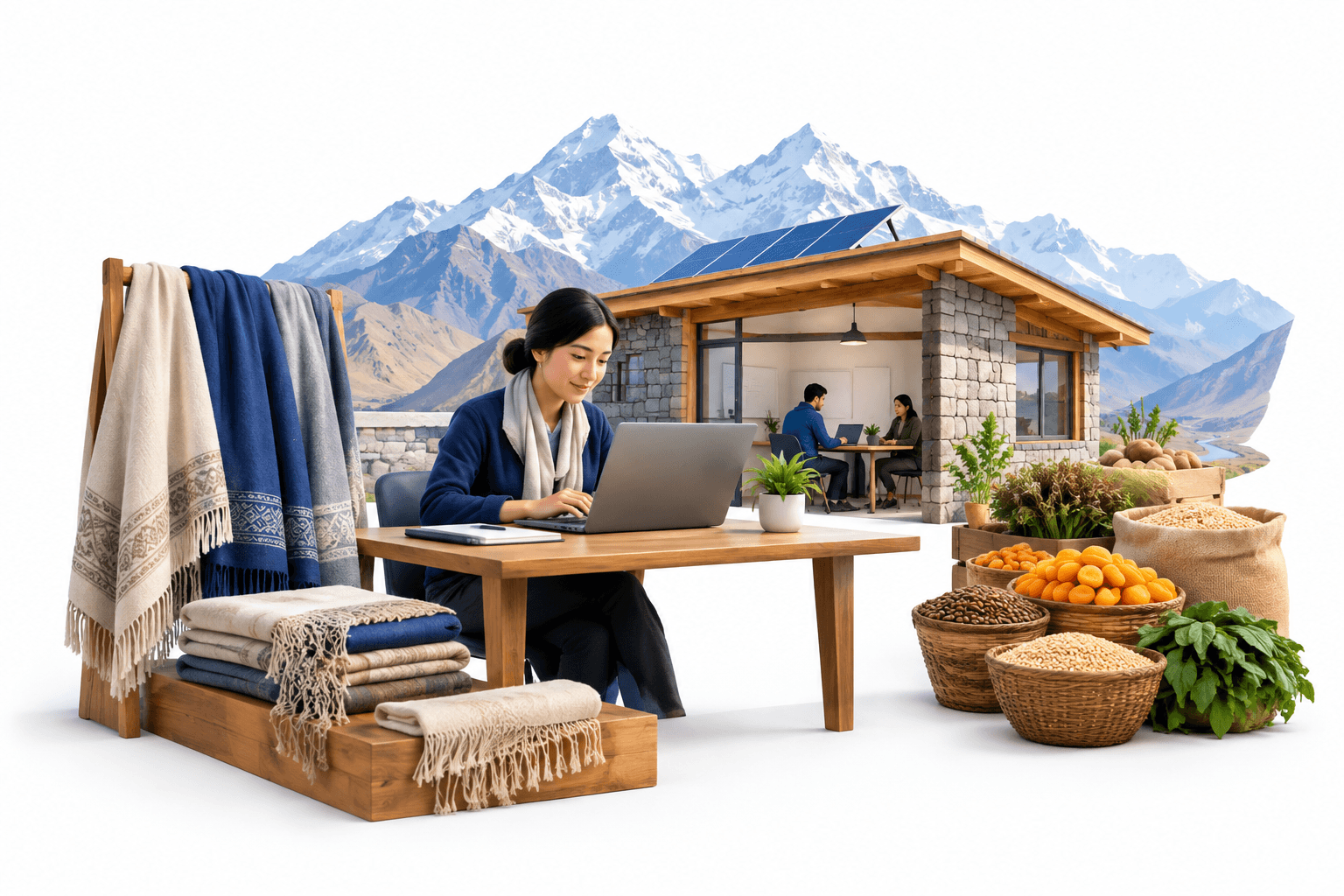 Concept illustration of the Ladakh startup policy with a mountain workspace, textile and agricultural produce