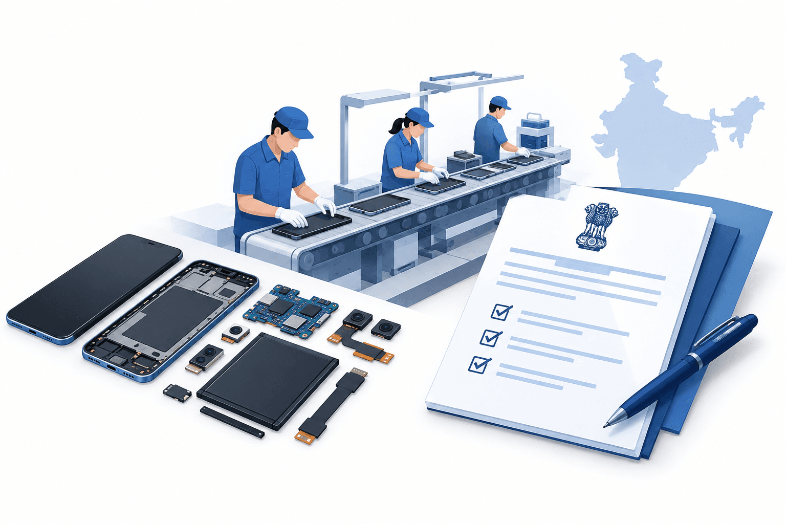 Illustration of India smartphone manufacturing components and an application document