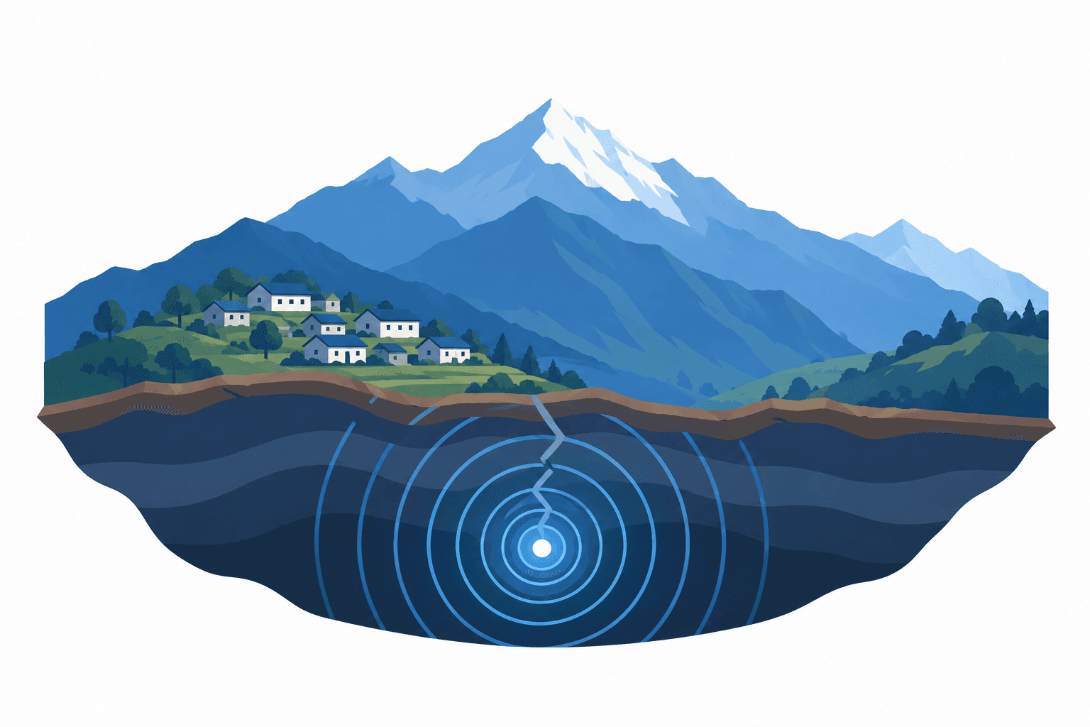 Illustration of seismic waves beneath mountains representing the Nepal earthquake