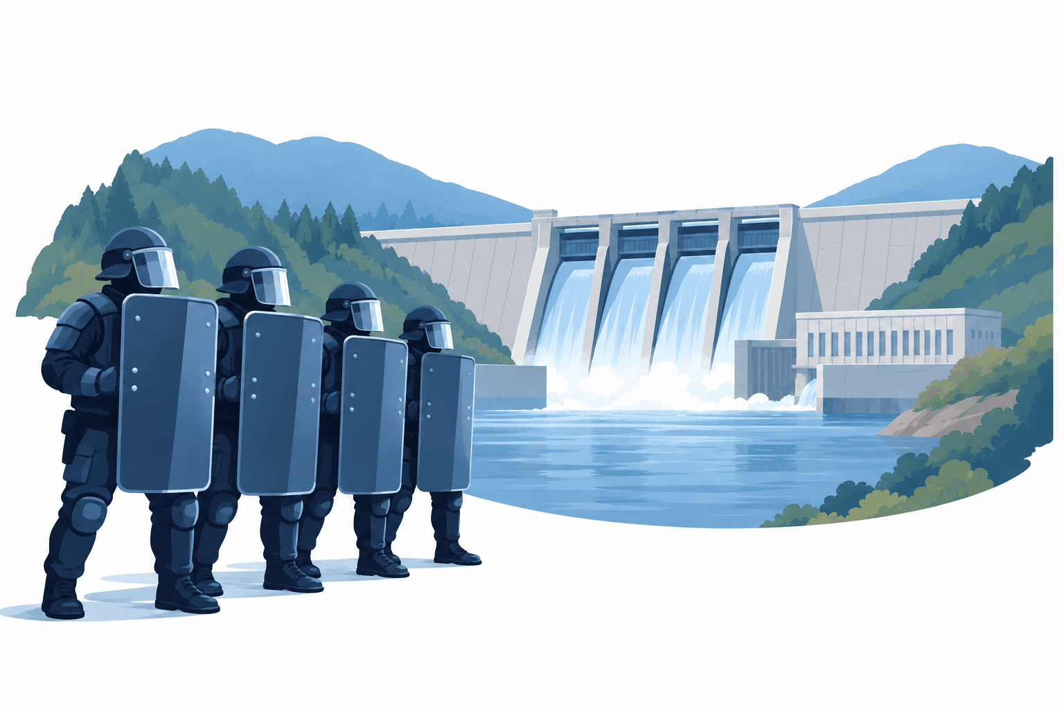 Concept illustration of a proposed dam and security shields representing Siang project protests