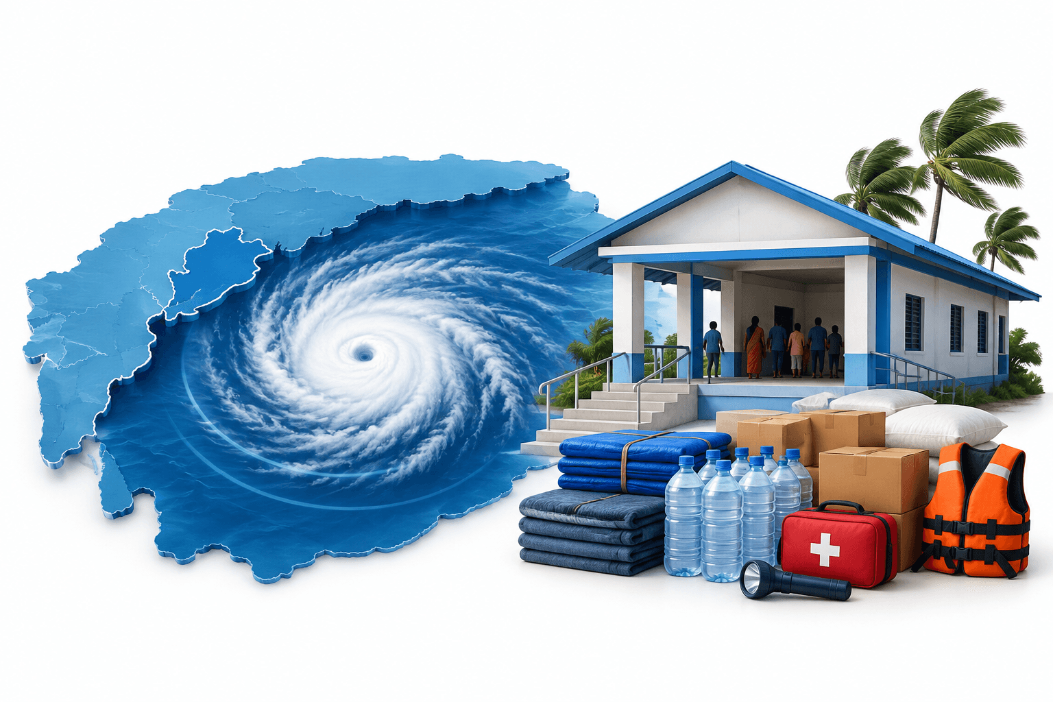 Illustration of Odisha cyclone preparations with a coastal shelter and emergency supplies