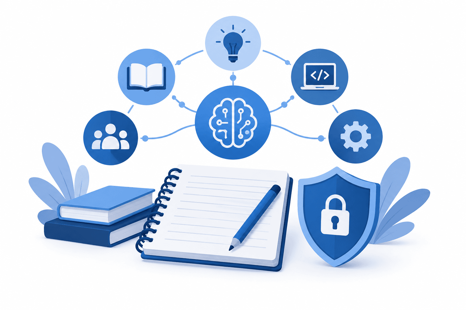 Illustration of a notebook and privacy shield representing the NCERT AI module