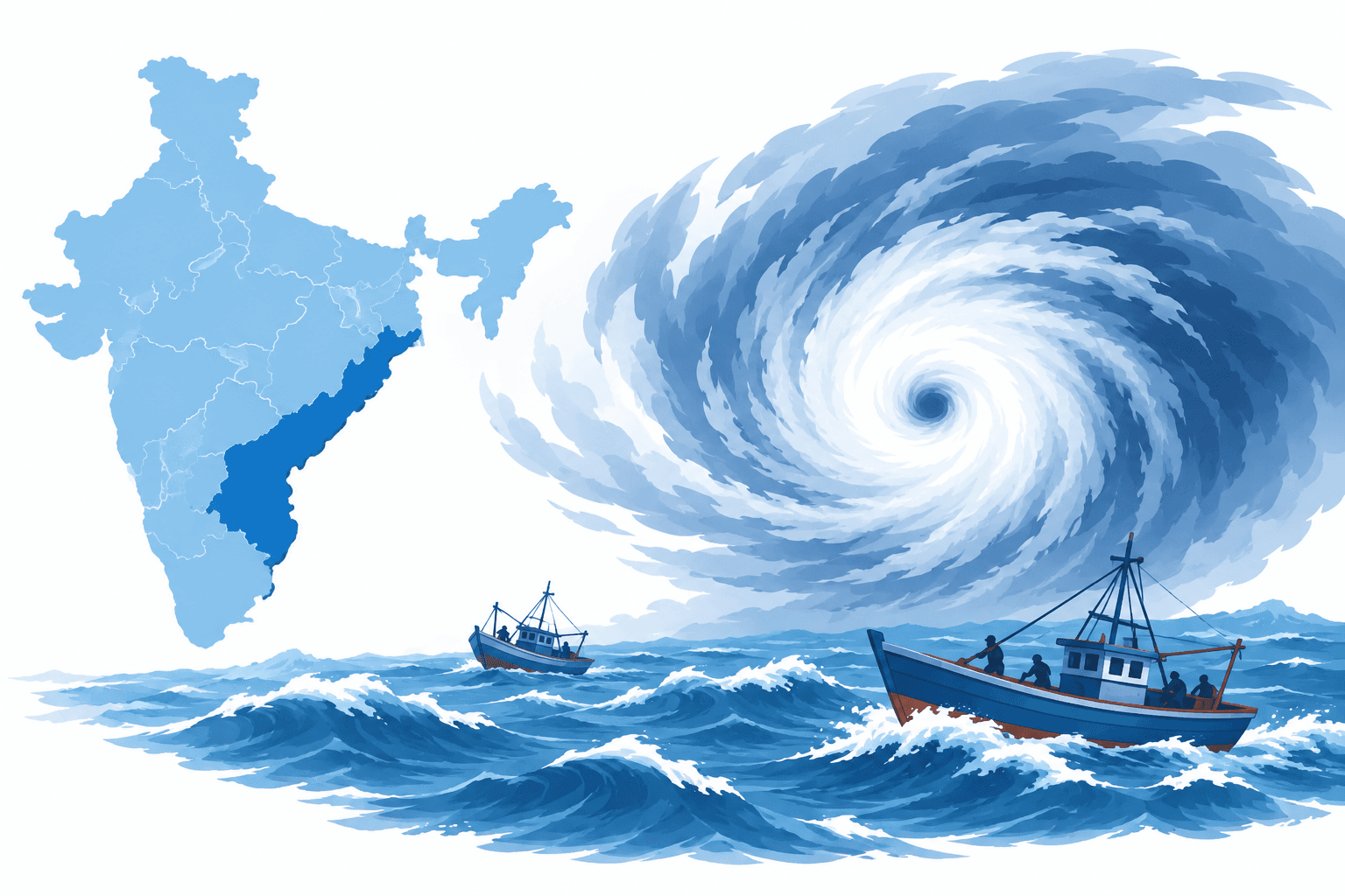 Illustration of an Andhra Pradesh cyclone approaching a coastline and fishing boats.