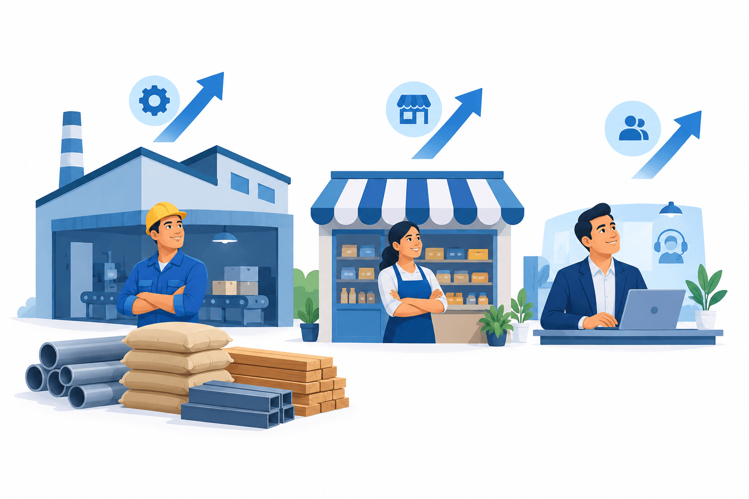 Illustration of small businesses and materials representing India MSME confidence