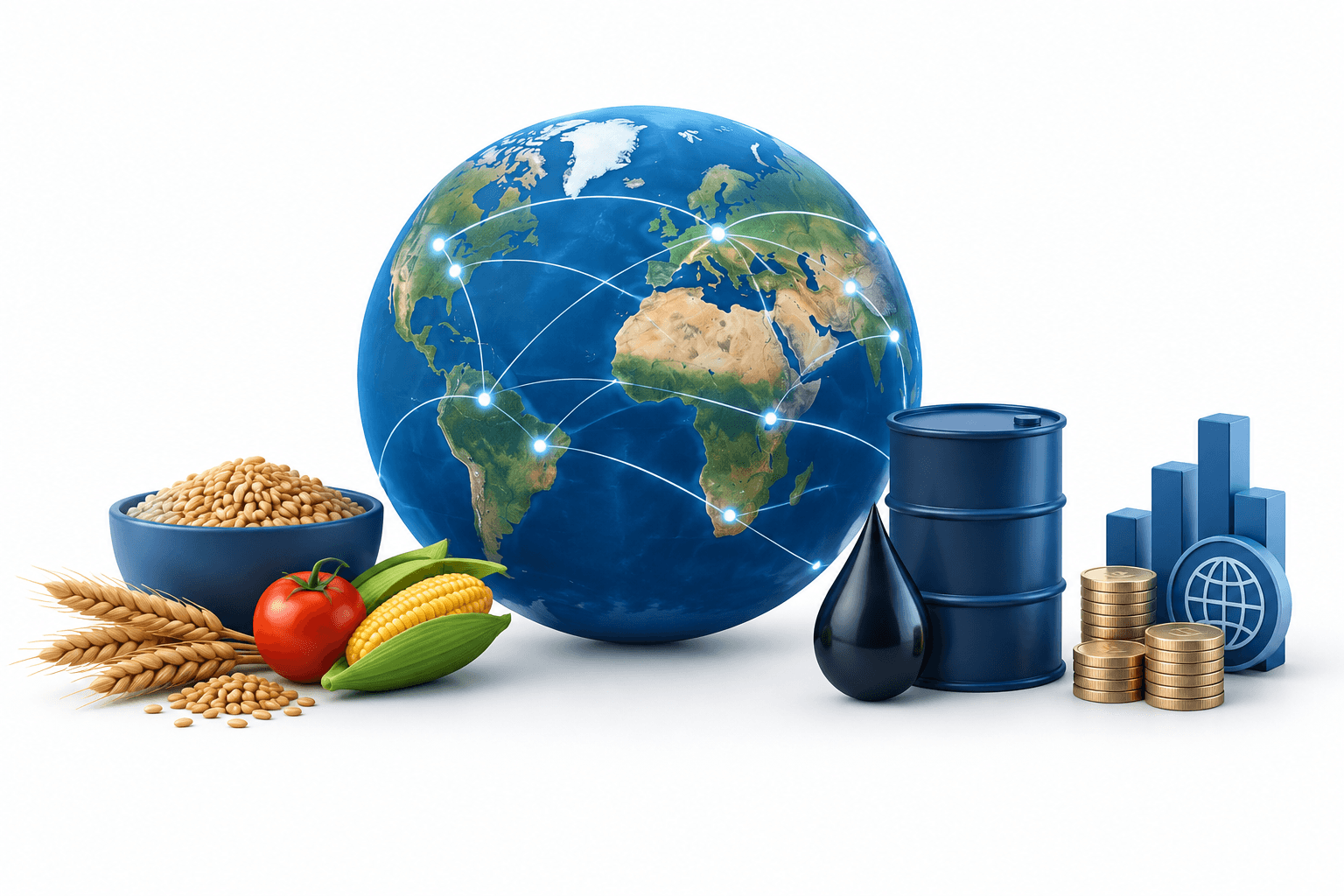 Illustration of global conflict costs using a connected globe and economic symbols