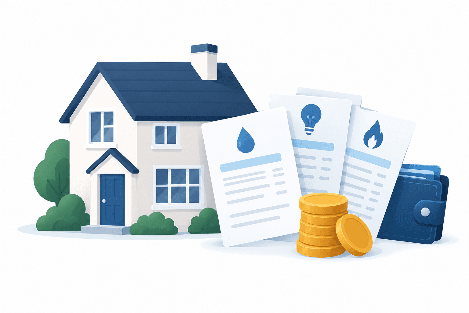Illustration of a house, bills and coins representing household costs ahead of the UK Budget