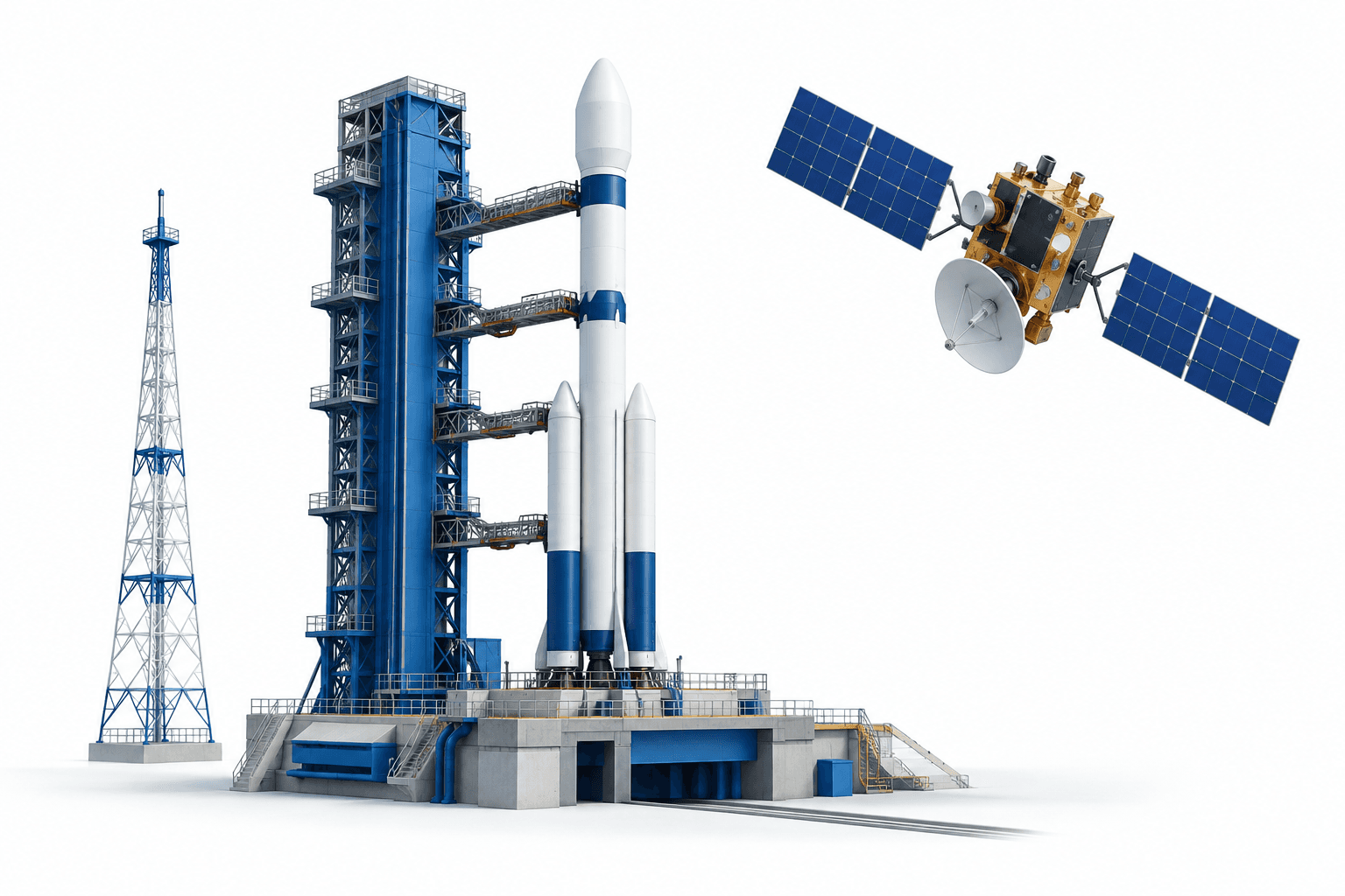 Concept illustration of ISRO launch pads with a small satellite launch vehicle and satellite