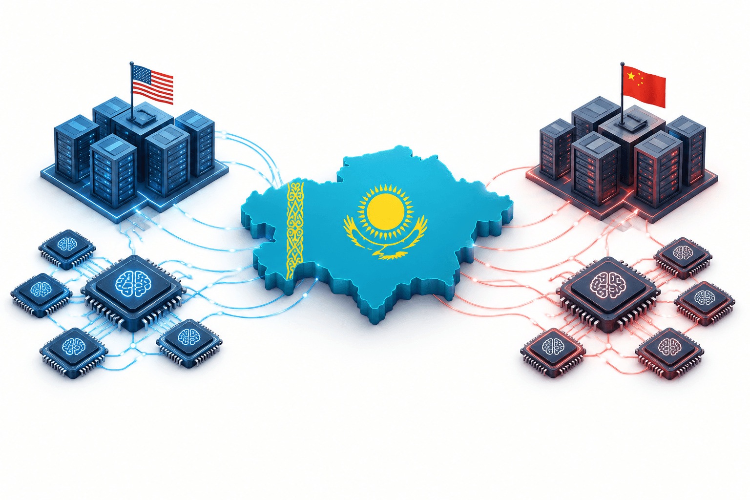 Illustration of Kazakhstan connected to two AI blocs through chip and data centre networks.