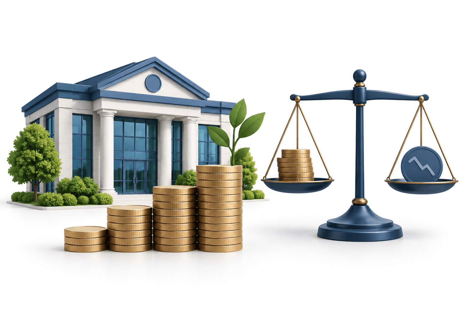 Southern Missouri earnings illustration showing a regional bank, coin stacks and a balance scale.