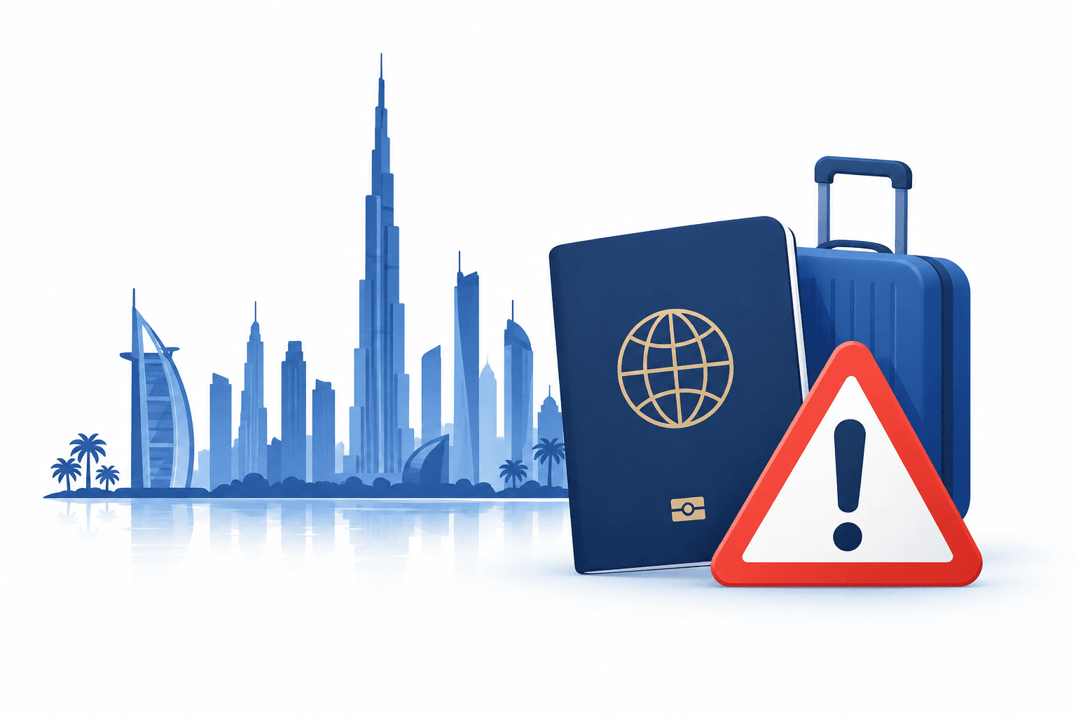 Illustration of a UAE skyline and travel documents for the UAE travel advisory