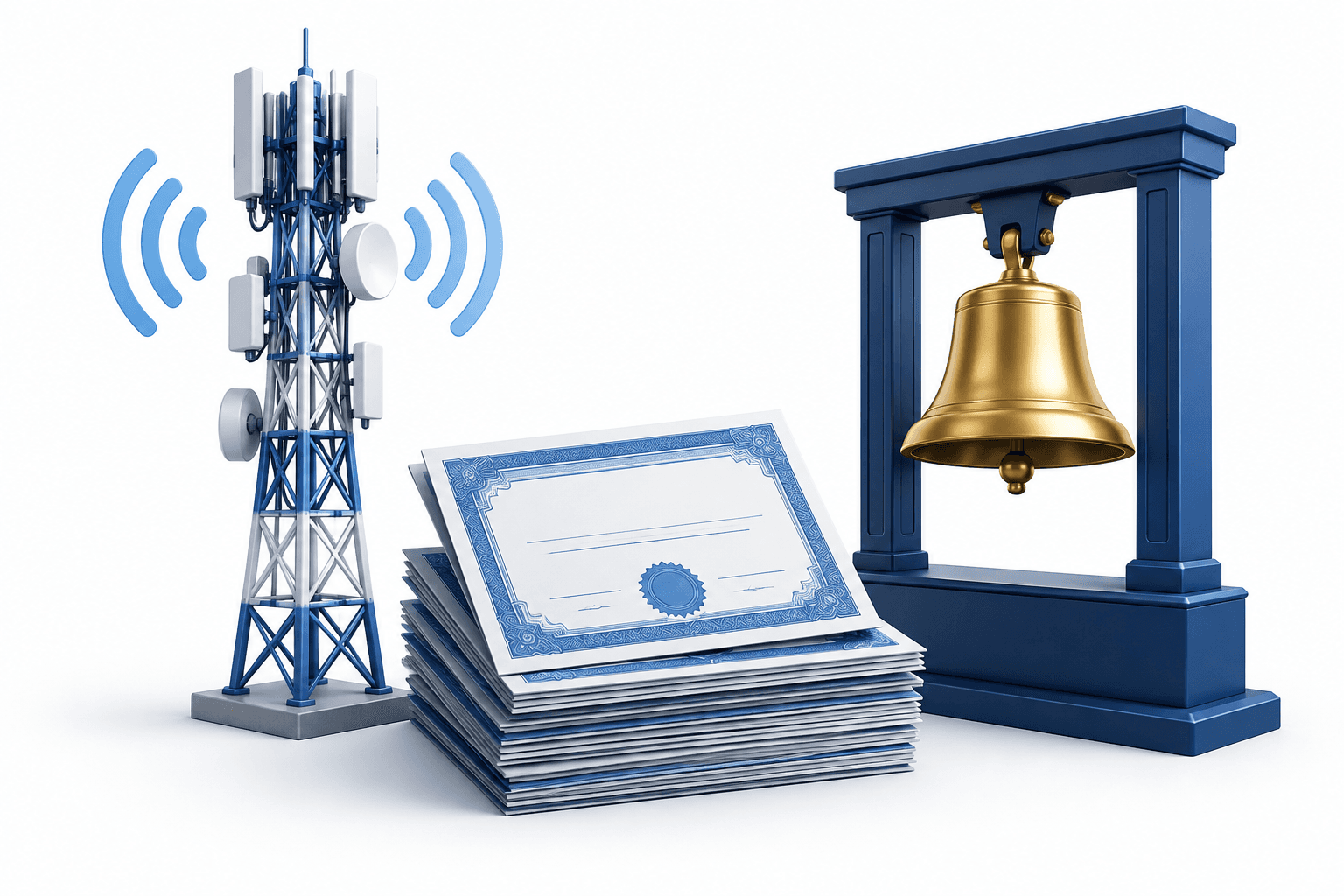 Illustration of a telecom tower, share certificates and an exchange bell representing the Jio IPO