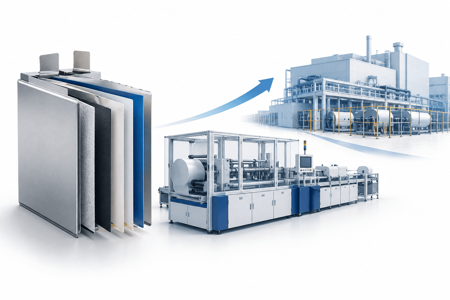 Conceptual illustration of solid-state battery cells and pilot manufacturing equipment accompanying QuantumScape earnings.