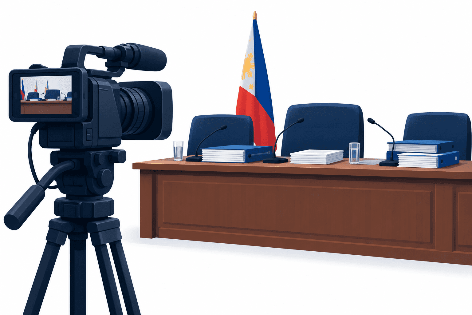 Illustration of a camera and hearing table representing Philippines budget discussions