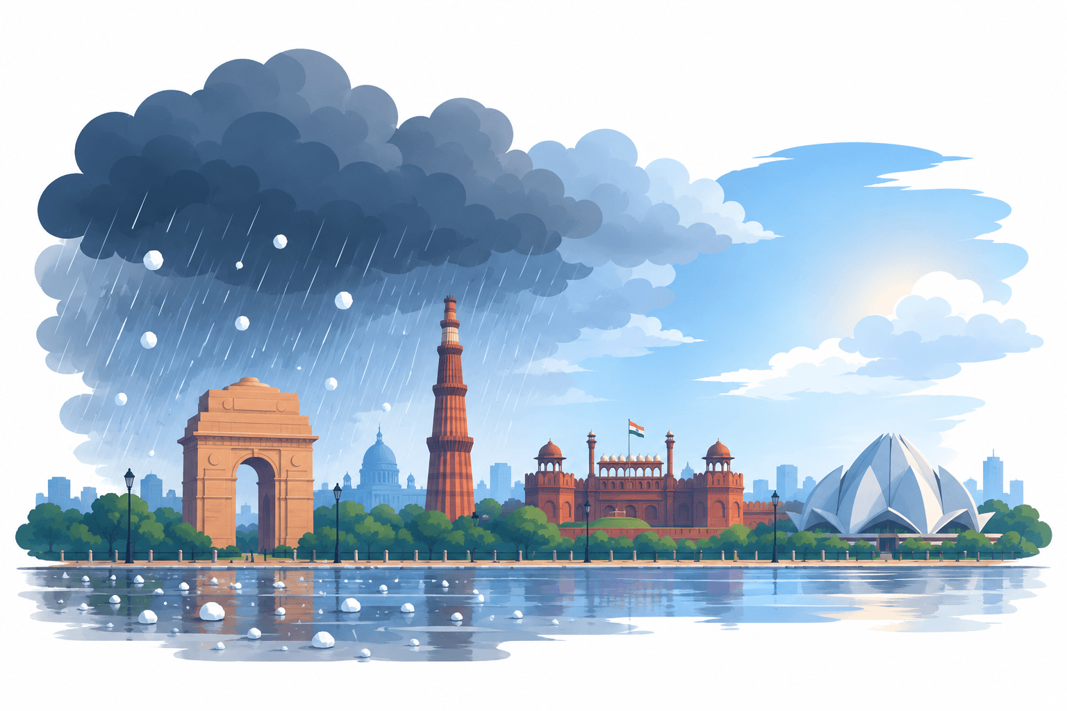 Il clima a Delhi si rinfresca dopo le piogge notturne e la grandine