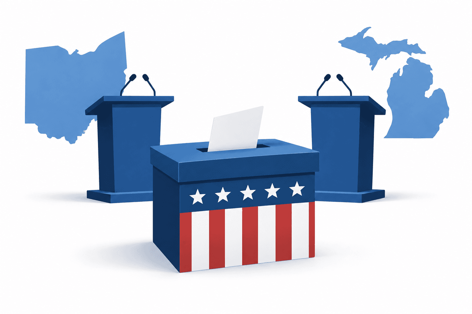 Illustration of a ballot box and campaign podiums representing the midterm campaign