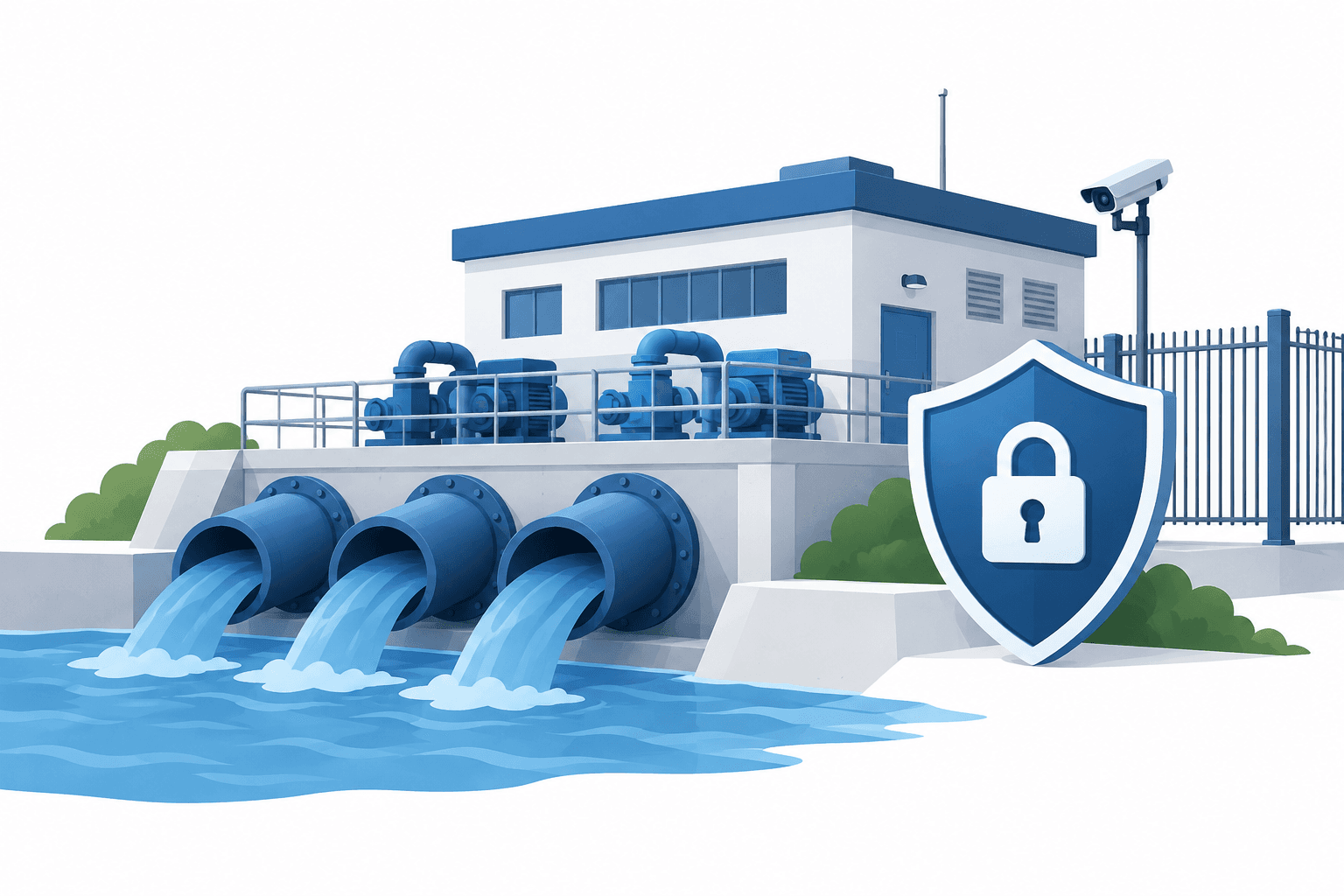 Illustration of pumping station security with drainage pipes and a shield
