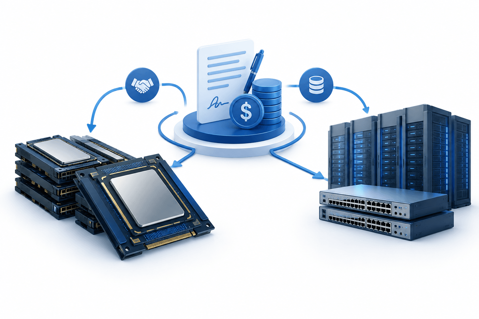 Concept illustration of Broadcom AI financing for accelerator and networking equipment.