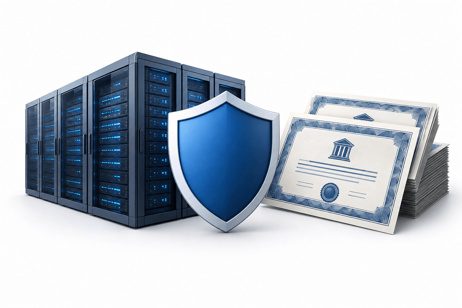 Illustration of a data center and credit protection representing AI debt spreads