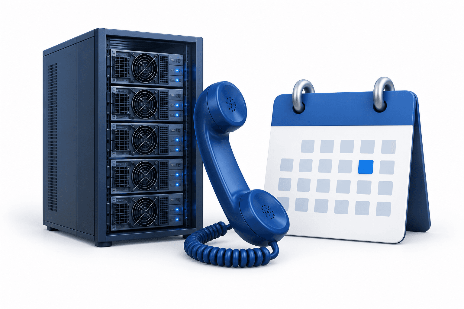 Illustration of a server rack, phone and calendar representing the Bitdeer earnings call