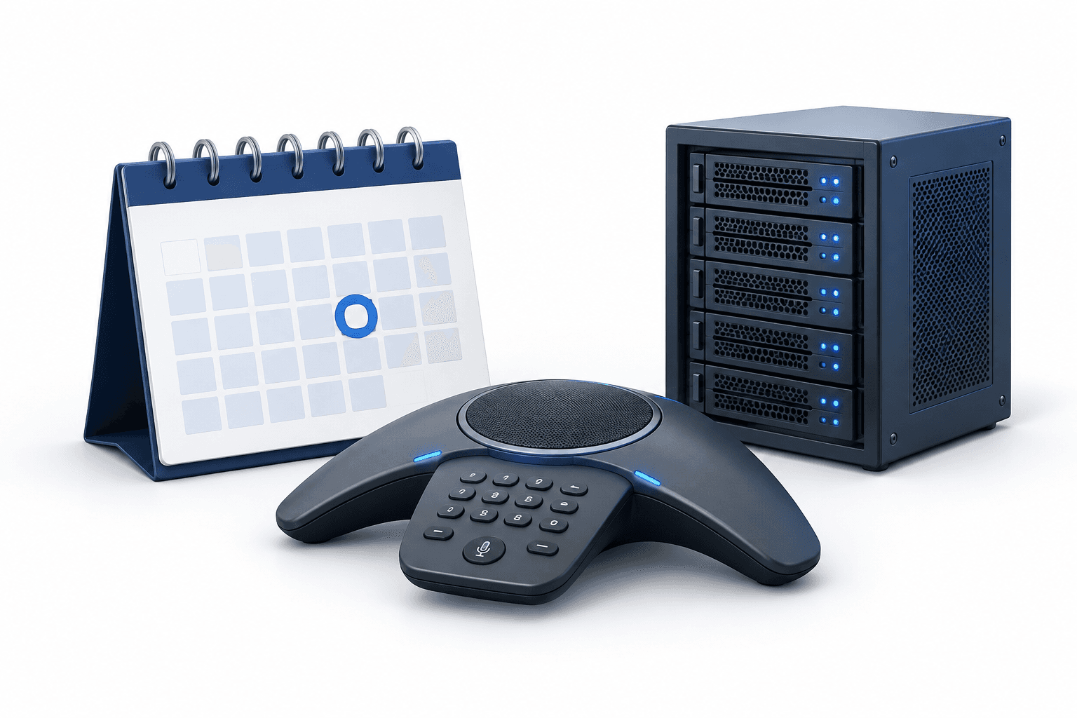 Illustration of a calendar, conference phone and server representing the Oxbridge Re earnings call