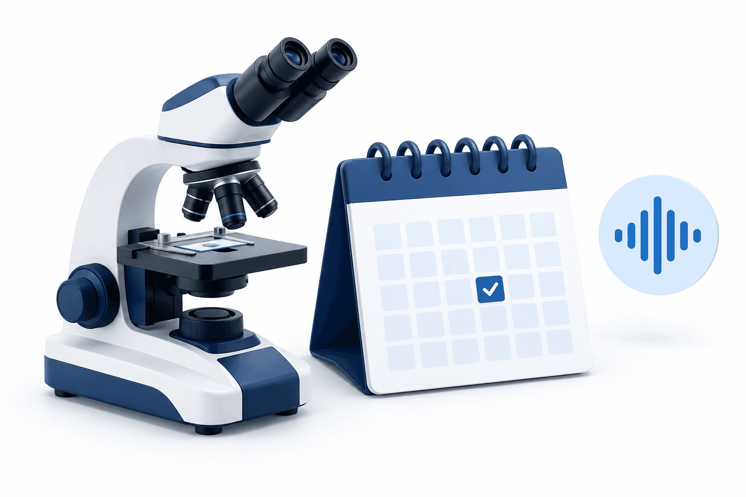 Illustration of a microscope, calendar and audio waveform for the Bionano earnings call