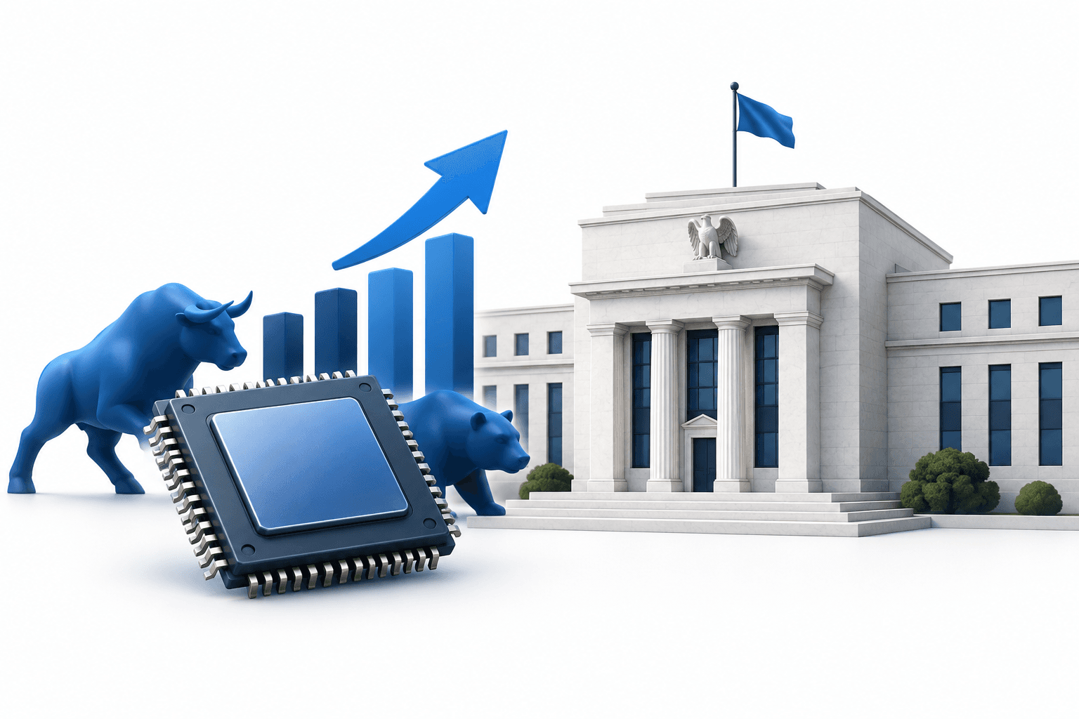 Concept illustration of US stocks, a semiconductor chip and a central bank building