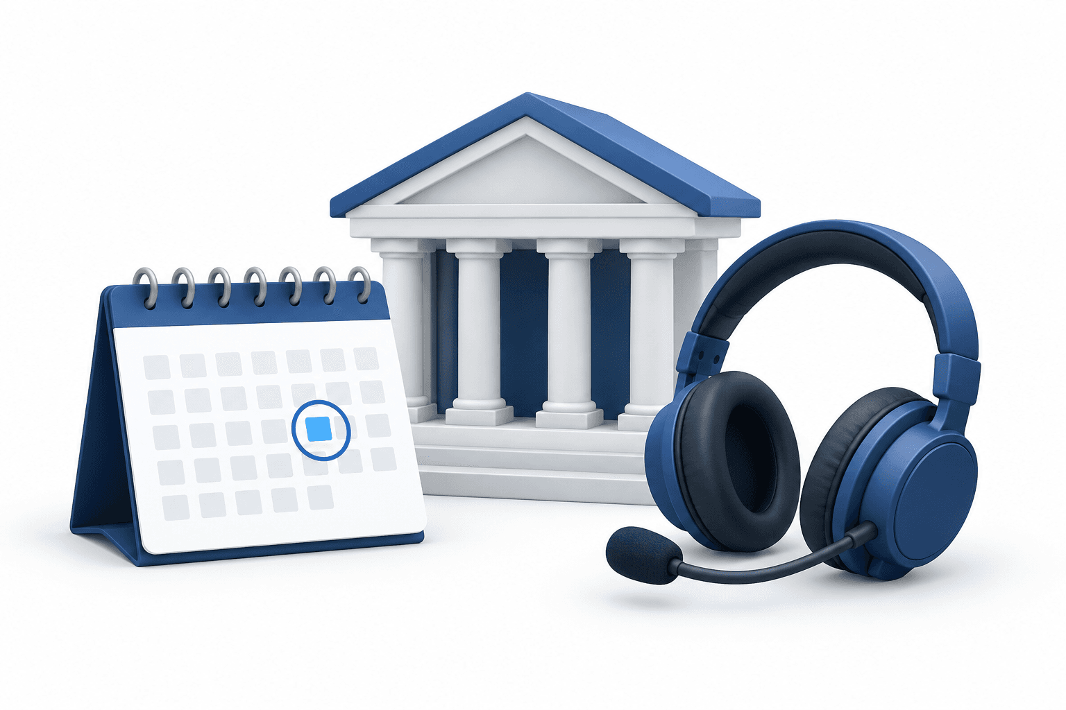 Illustration of a calendar, bank building and headphones representing Credicorp earnings and its scheduled call.