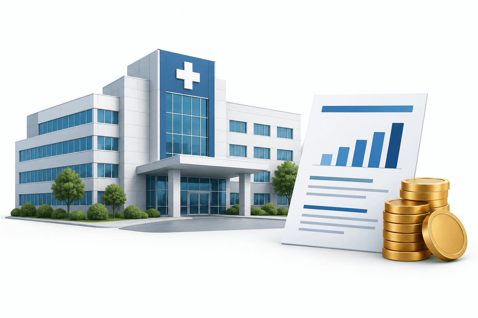 Illustration of a hospital and financial document representing UHS earnings
