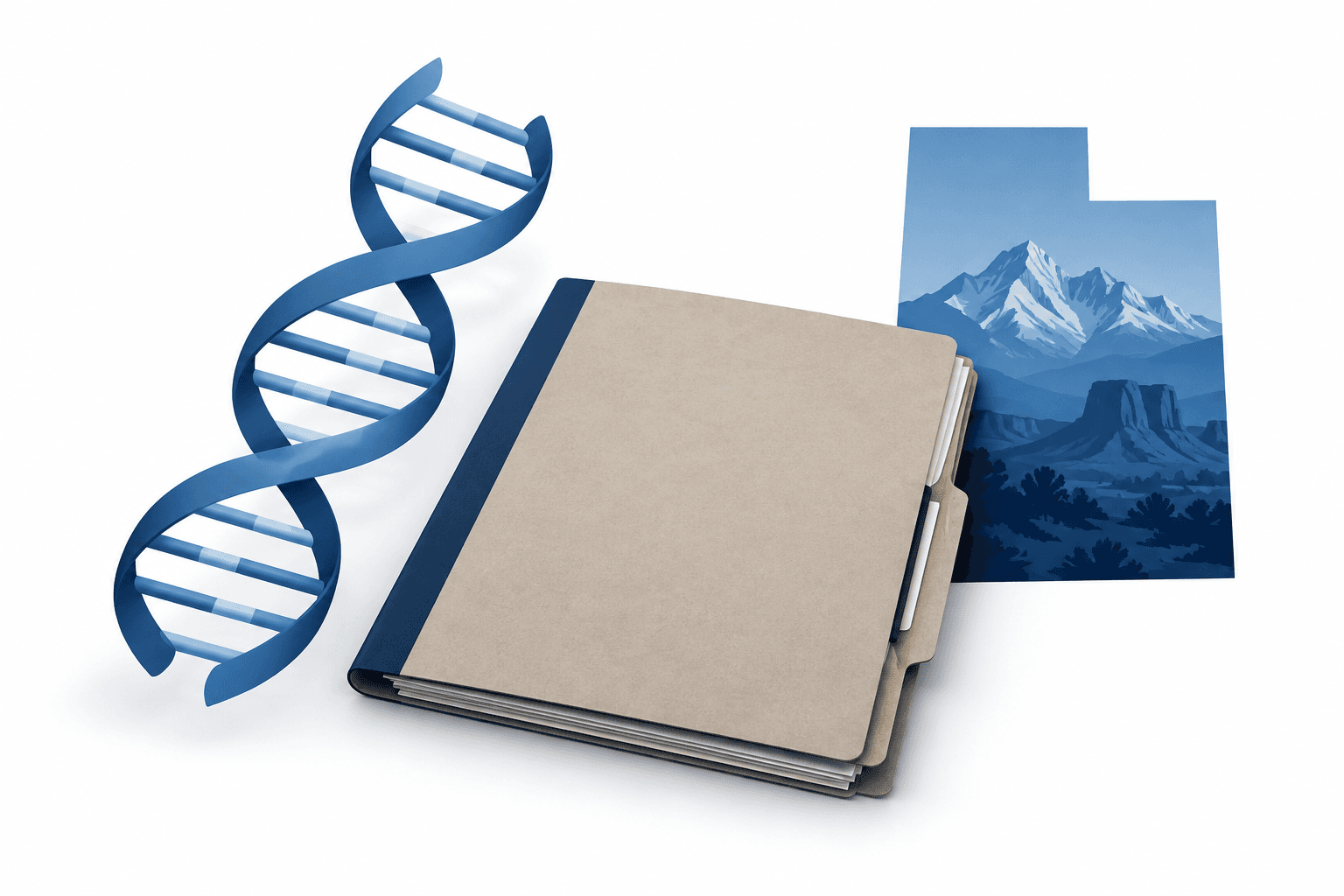 Illustration of DNA evidence and a case file representing the Ted Bundy case