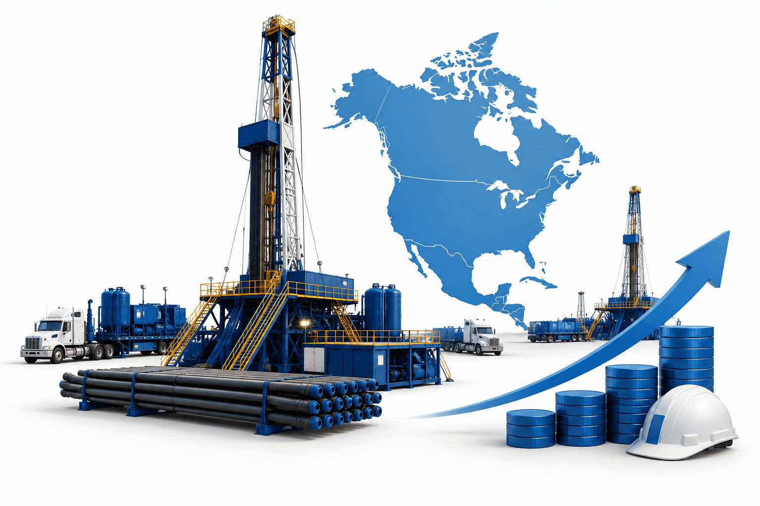 Illustration of drilling rigs and equipment representing Precision Drilling earnings