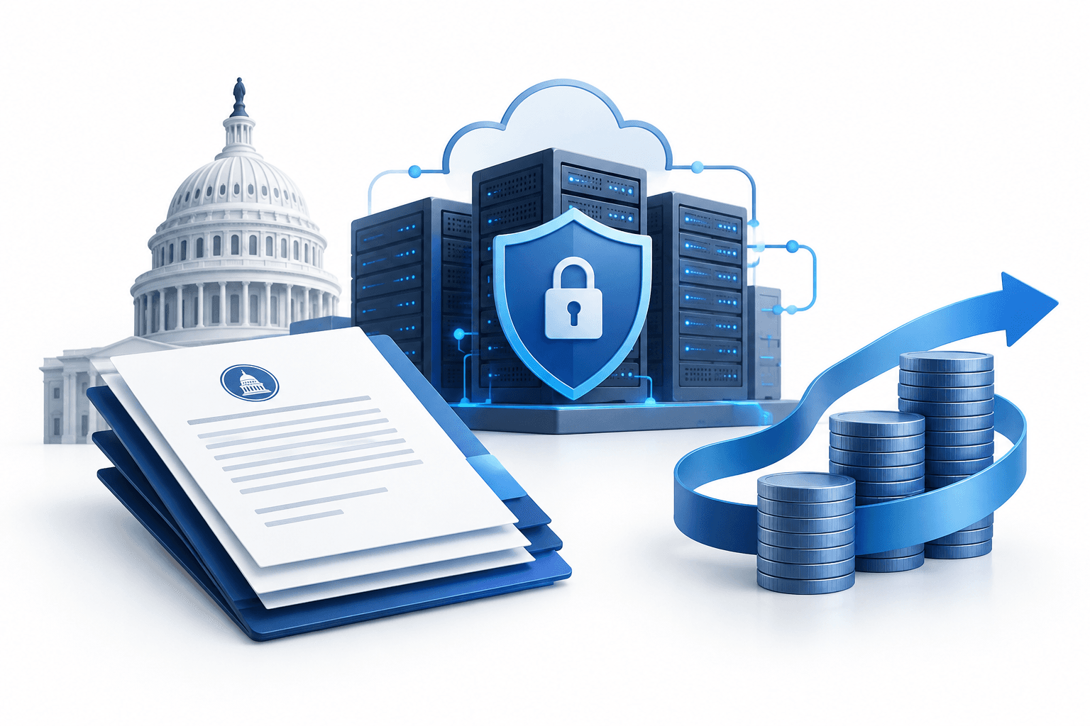 CACI earnings illustration showing abstract secure computing infrastructure and government contract documents.