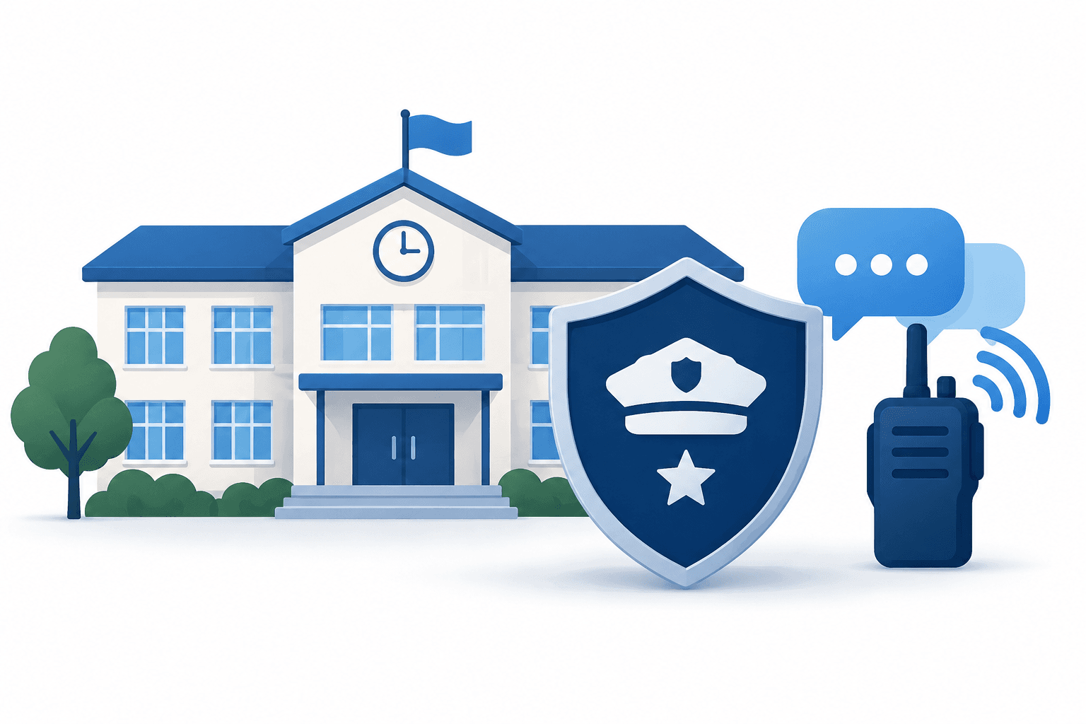 Illustration of Manila school threats response with a school, police shield and communication symbol