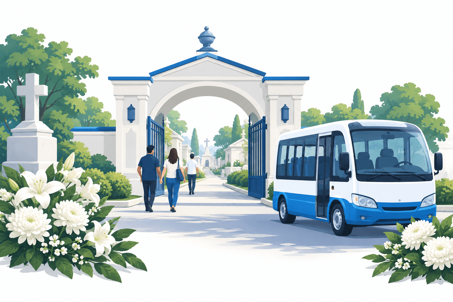 Illustration of Manila cemetery schedules with a cemetery entrance and visitor shuttle