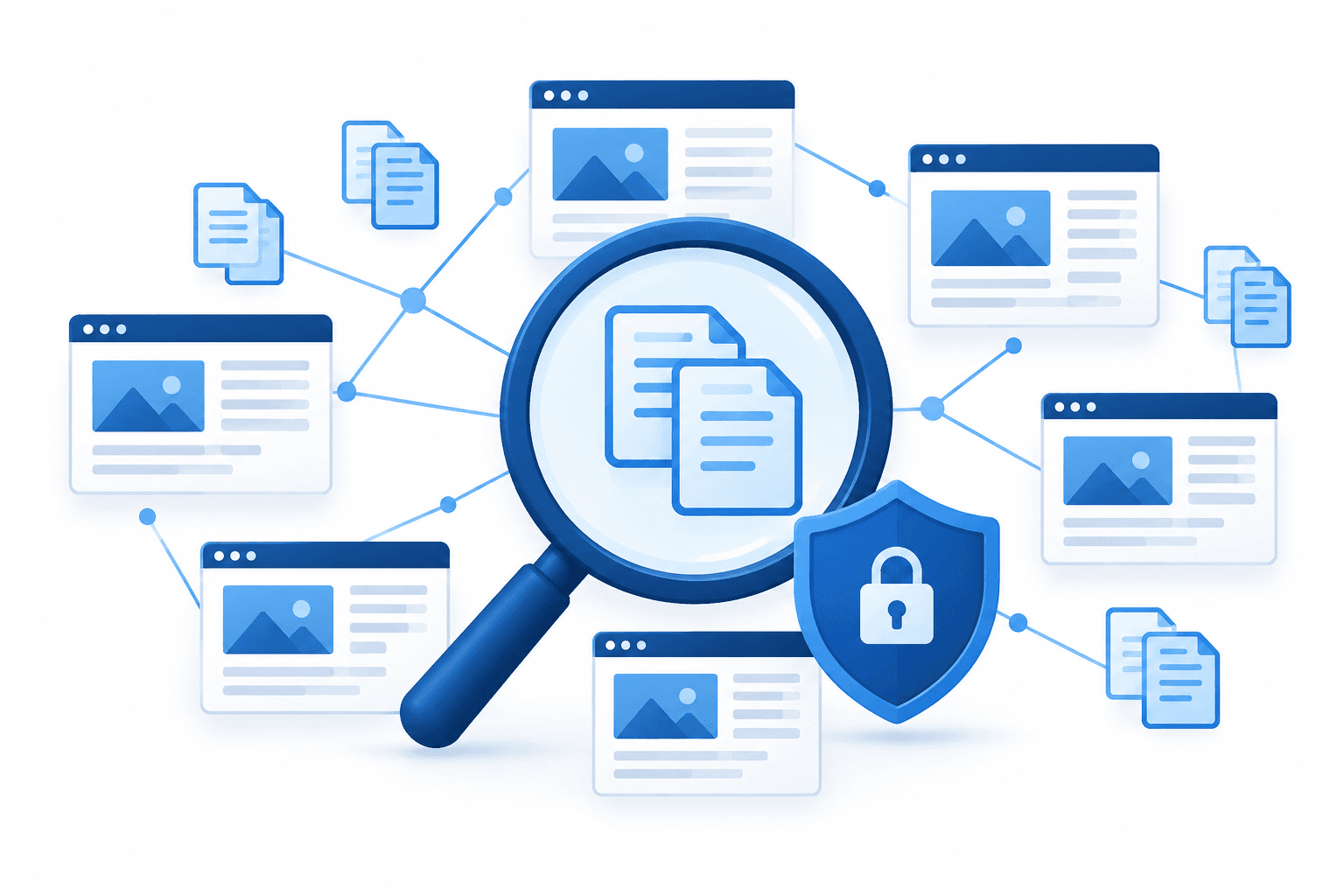 Illustration of Ukraine cybersecurity monitoring with a magnifying glass examining connected web pages