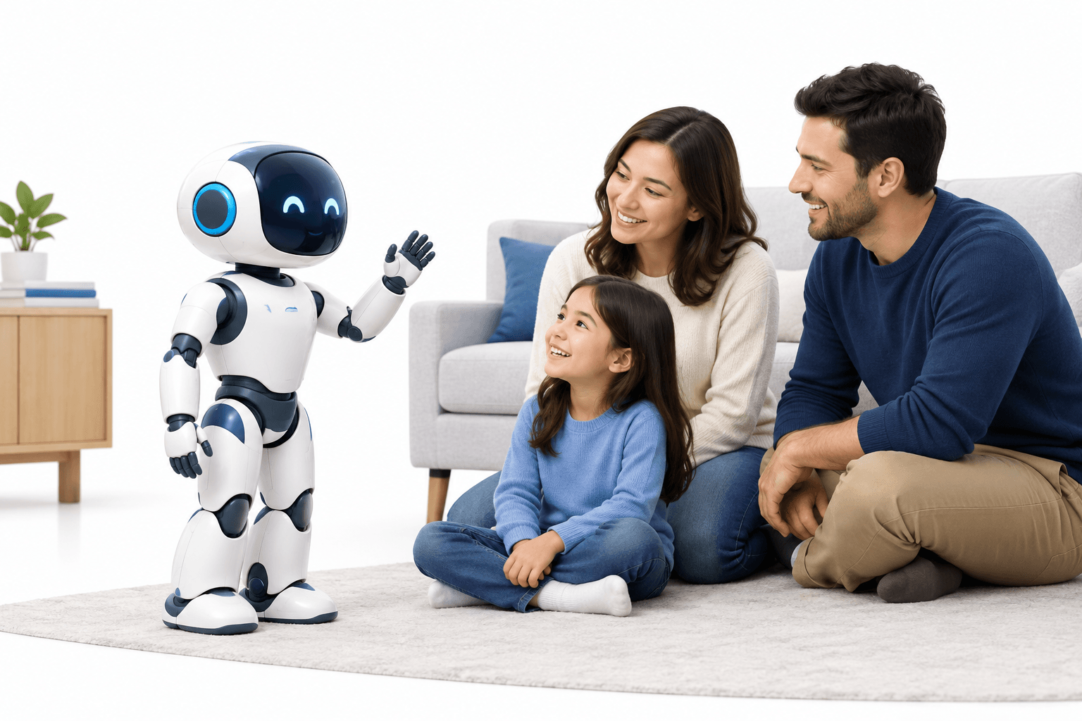 Illustration of a Mobo robot concept interacting with a family at home