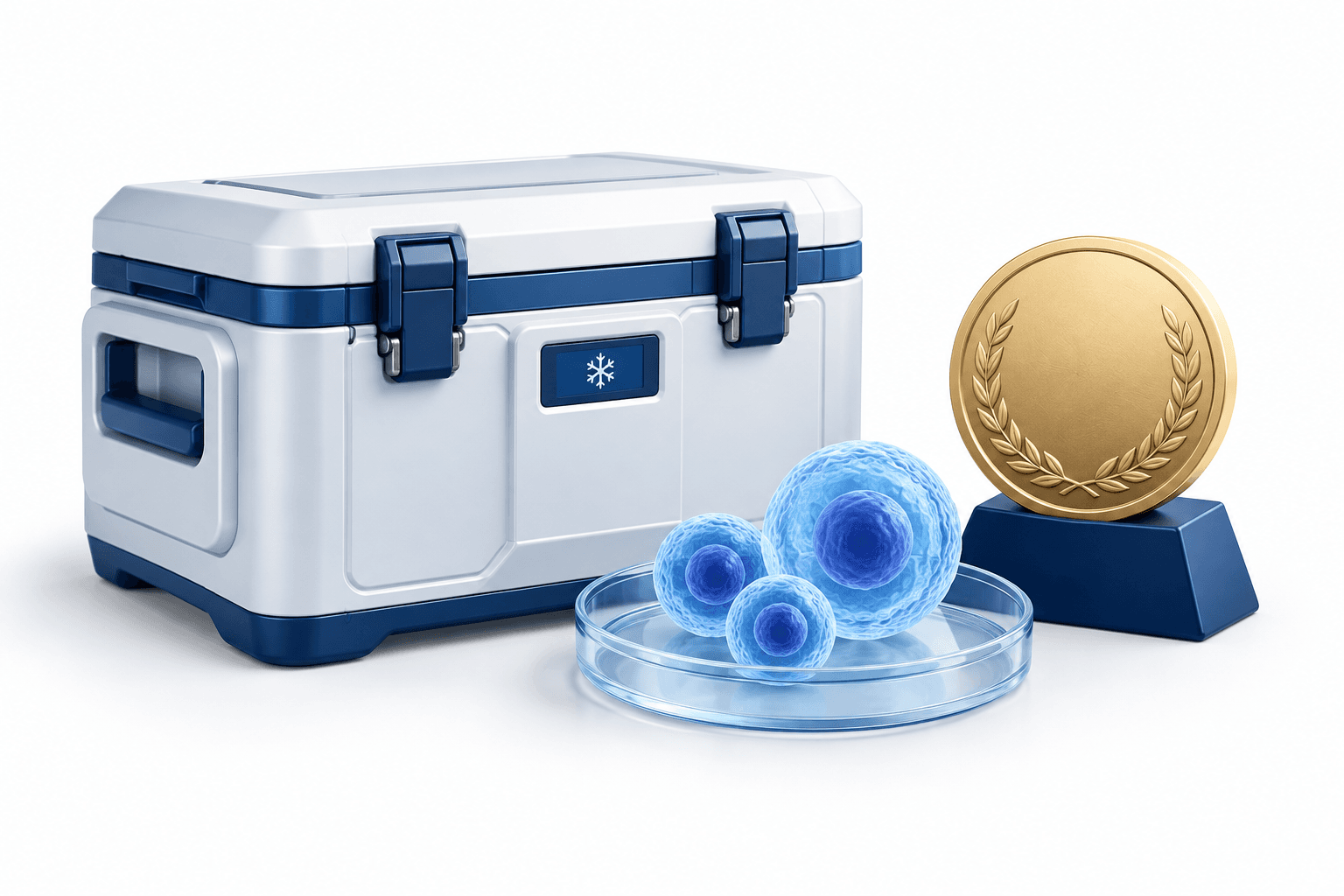 Concept illustration of Ossium Health bone marrow storage and an award medal