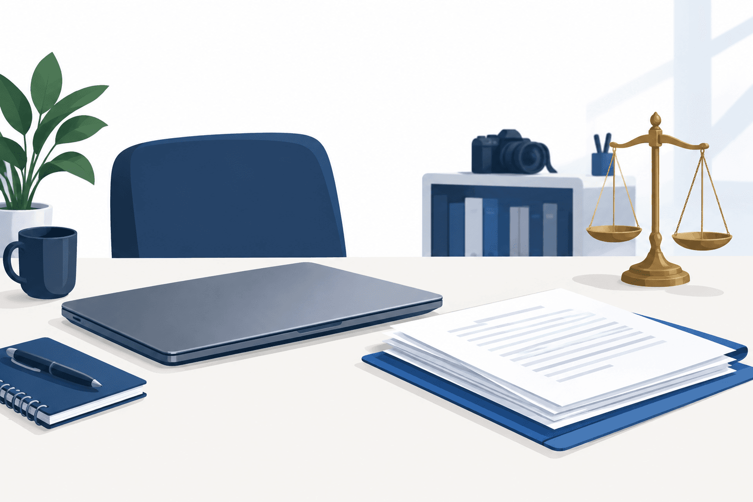 Illustration of a newsroom desk and legal documents relating to Lina Attalah