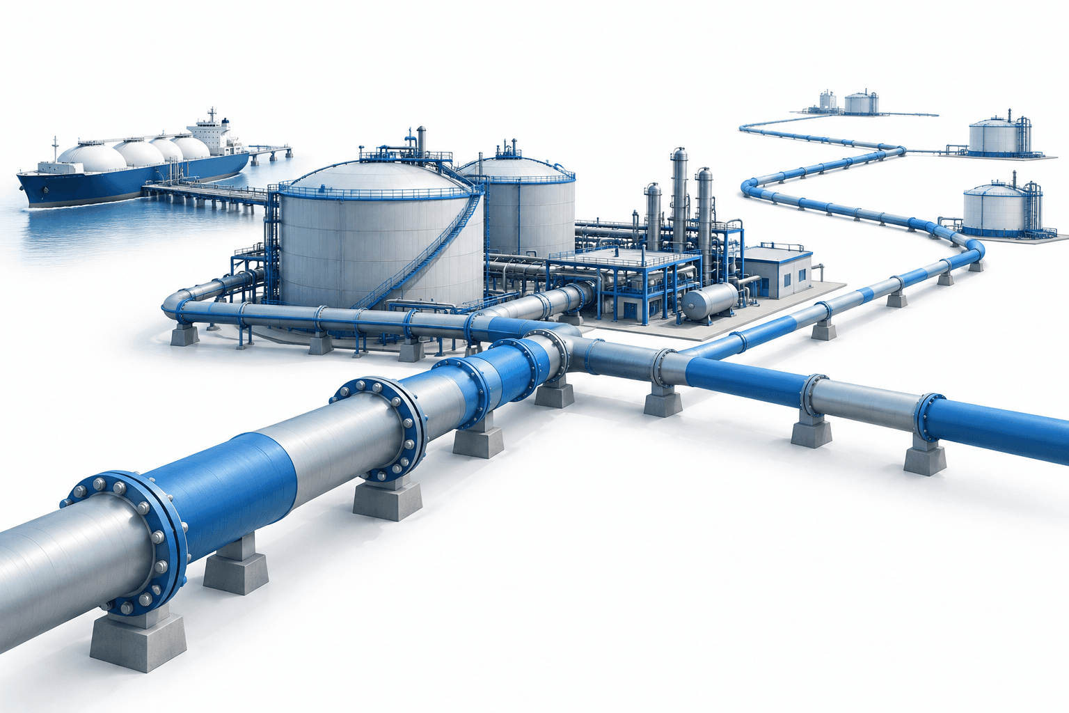 Kinder Morgan earnings illustration showing a natural gas pipeline network and expanding infrastructure.