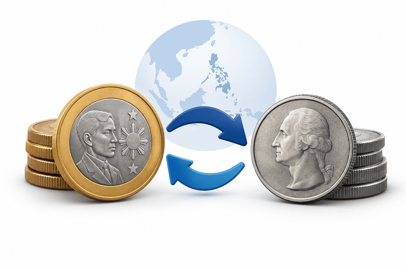 Illustration of Philippine peso and US dollar coins with a currency exchange motif