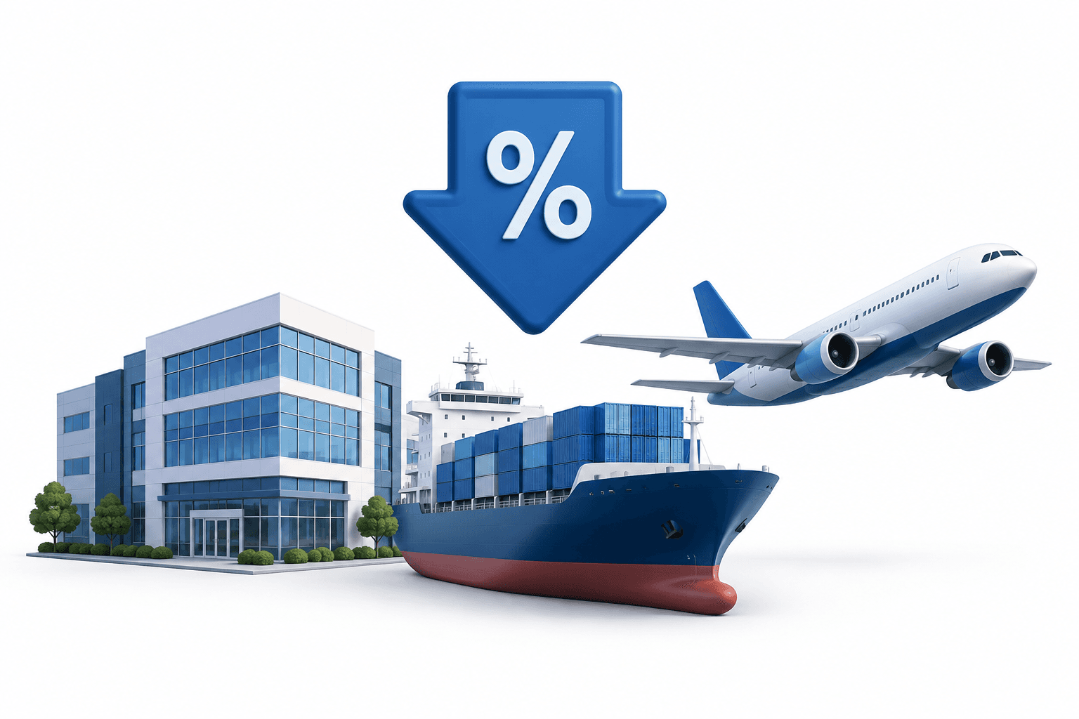 Illustration of specialty insurance rates with a building, ship and aircraft beneath a downward indicator
