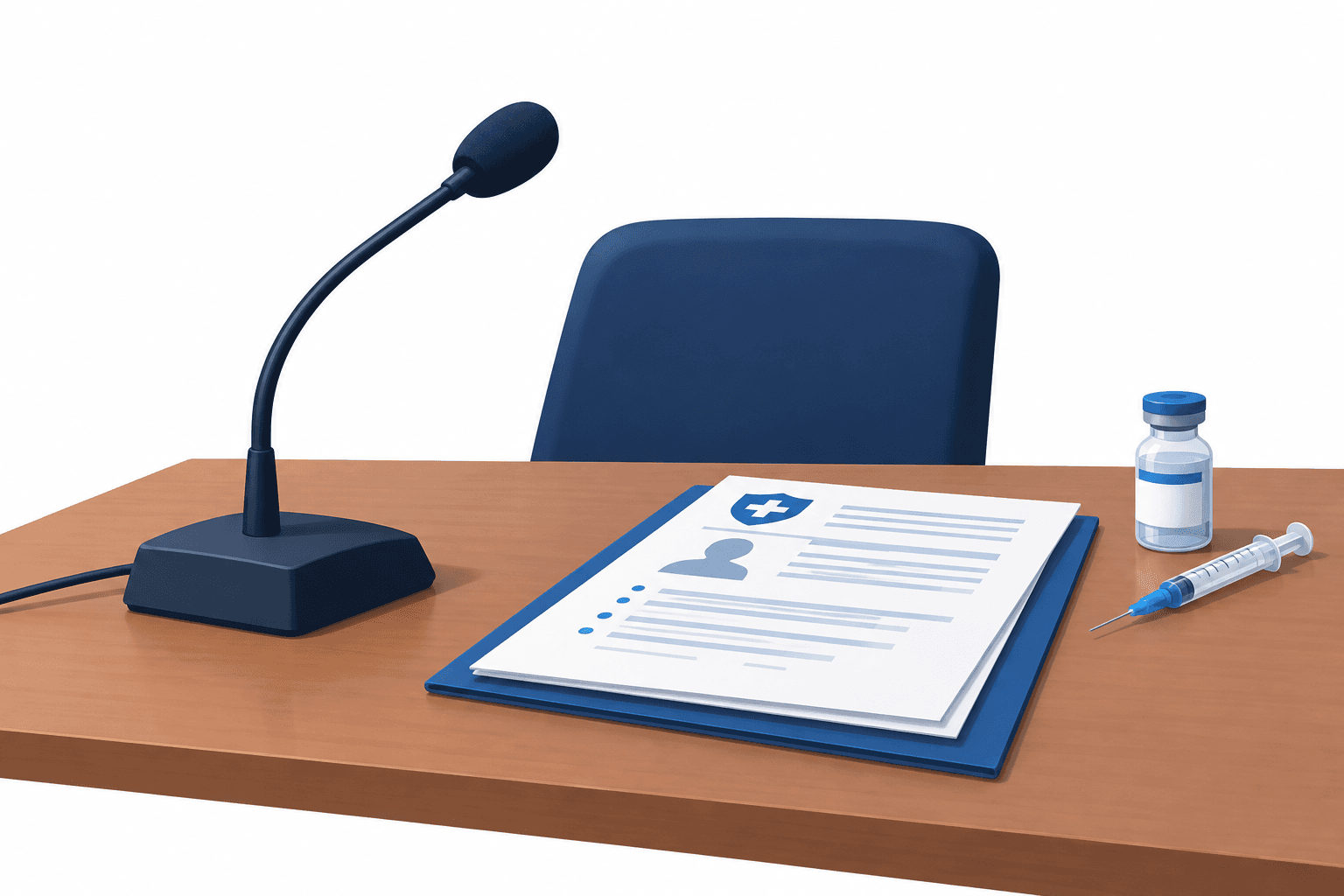Concept illustration of a COVID vaccine hearing with a microphone and medical document