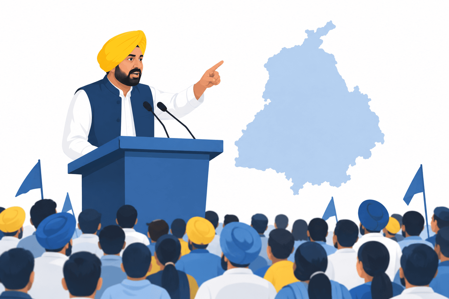 Illustration of a lectern and crowd representing a Punjab election rally