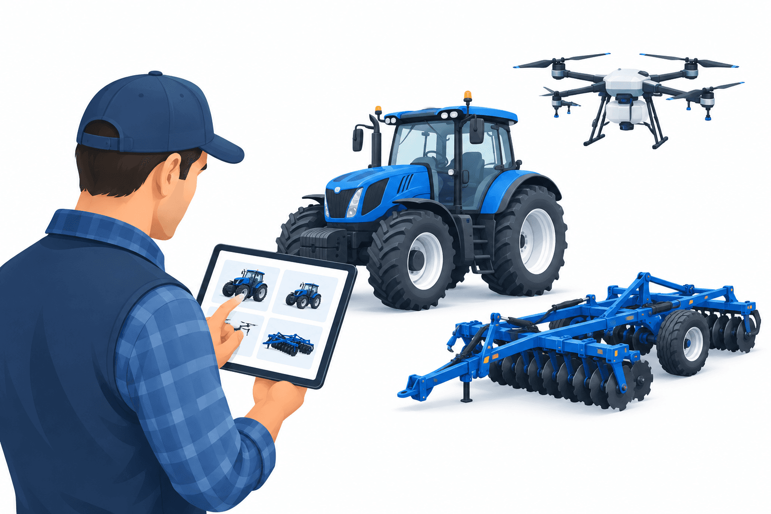 Illustration of a farmer using a tablet to explore equipment through the TractorNext platform