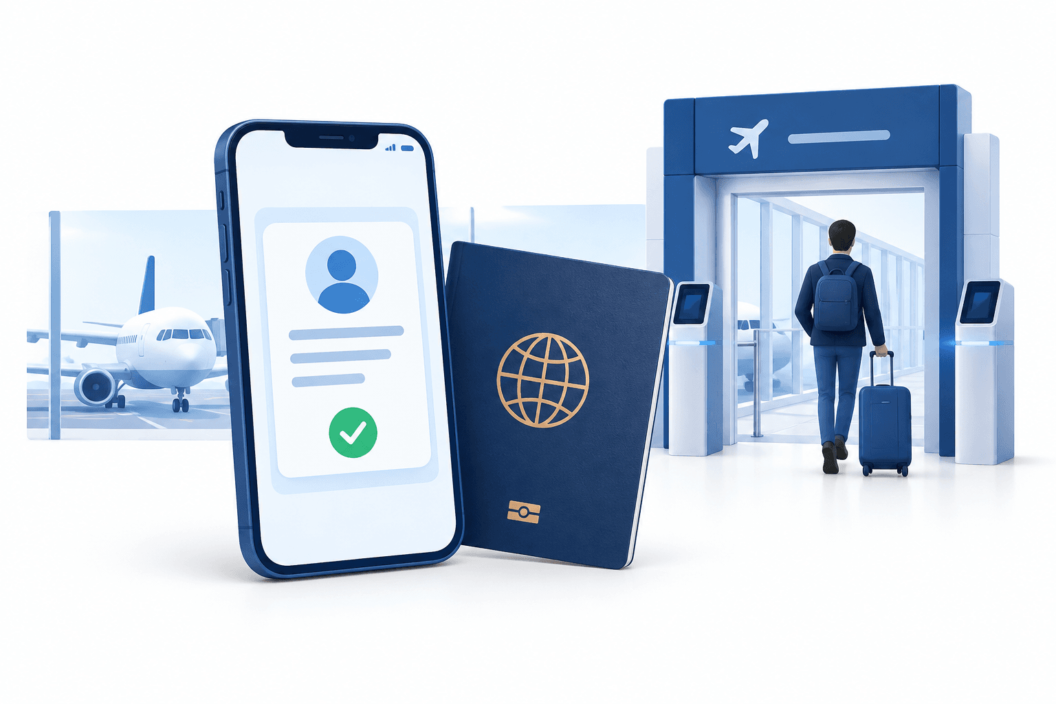 Digi Yatra trials illustrated with a smartphone, e-passport and airport gate.
