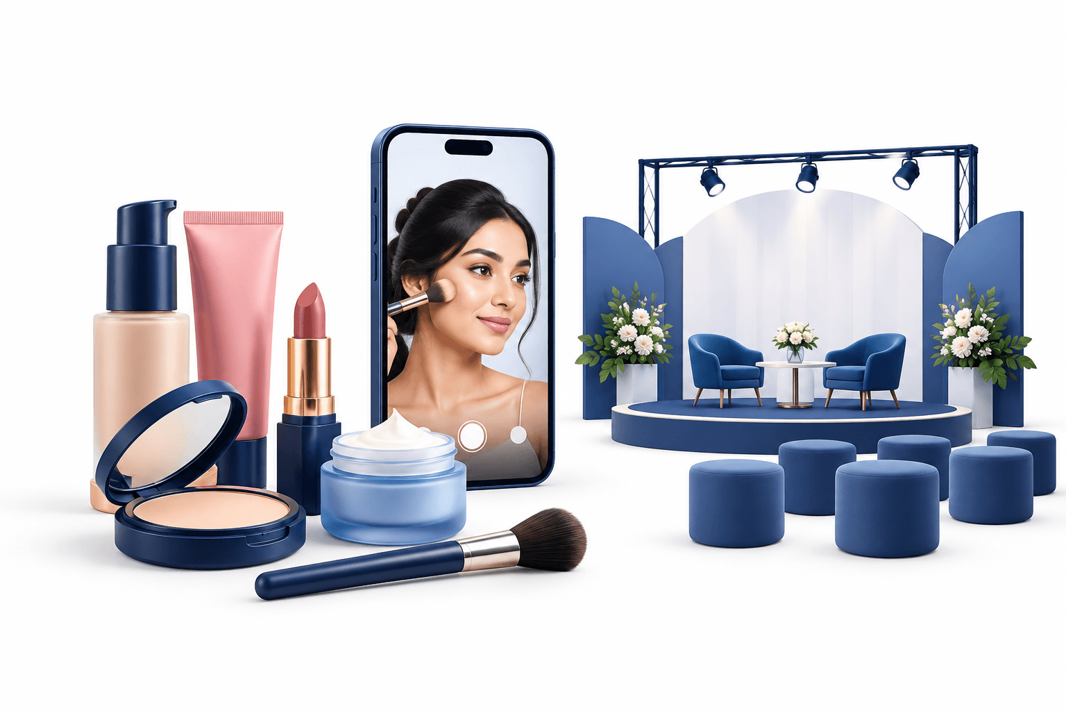 Nykaa broker call illustration with beauty products, a smartphone and an event display