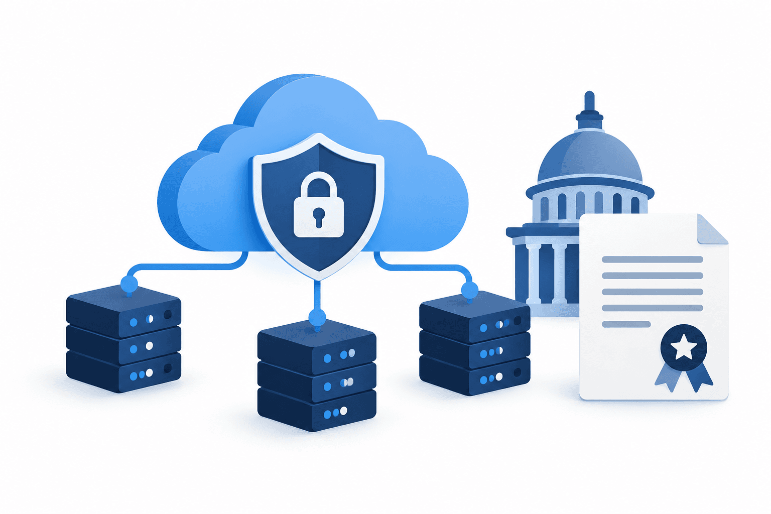 Cloud Security Act illustration showing cloud infrastructure, a shield and a government document