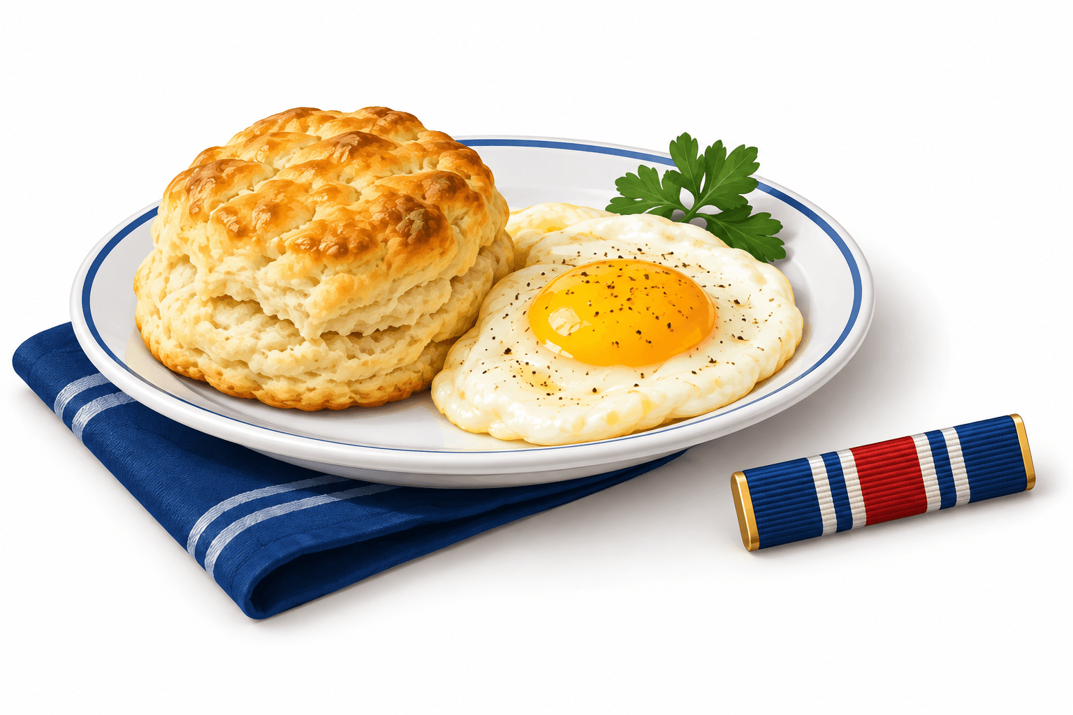 Illustration of a breakfast plate and service ribbon for the Bob Evans Veterans Day offer